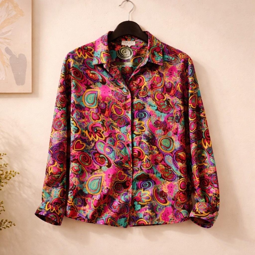 Jaeger 32 Vintage 80's Great Britain Psychedelic Paisley Heart Blouse Multicolor - Picture 3 of 8
